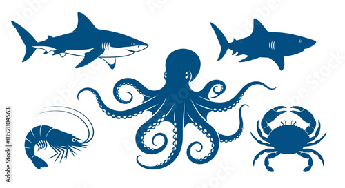 Blue sea creatures including shark, octopus, crab, and shrimp on white background vector