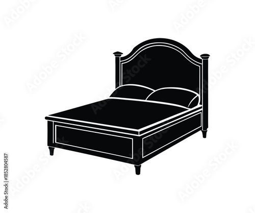 Black silhouette of a queen size bed with headboard and pillows Keywords: bed, silhouette, black, white background, furniture, bedroom, interior