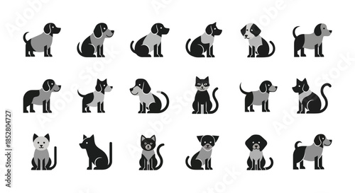 Collection of black and gray dog and cat silhouettes on white background vector