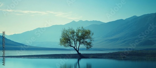 Wallpaper Mural Solitary tree on lake shore with reflection, surrounded by tranquil blue mountains and clear sky. Torontodigital.ca