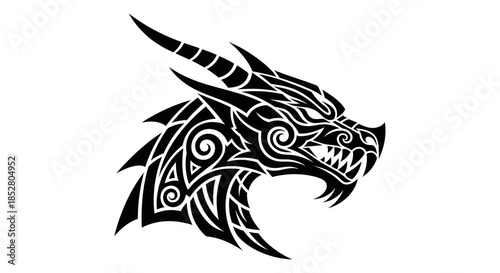Detailed tribal dragon head illustration, mythical creature with an ornamental design concept