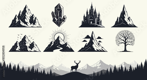 Black and white mountain landscape vector graphics with deer and trees