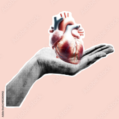 Anatomical human heart resting on open hand in colorful halftone style. Conceptual illustration of care, life, love and health on soft pink background for editorial or design use.