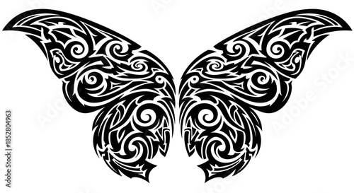 Detailed tribal butterfly wing illustration with intricate swirling patterns and symmetrical
