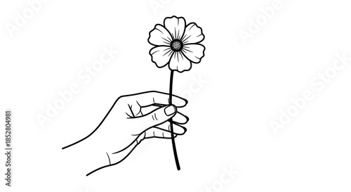 Elegant monochrome line art featuring a hand delicately holding a simple flower illustration
