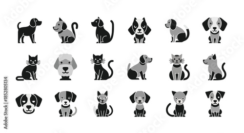 Collection of black and gray dog and cat icons on white background vector