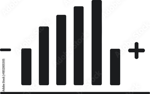 Volume control icon with symmetrical sound bars and plus minus symbols in minimal black and white vector style