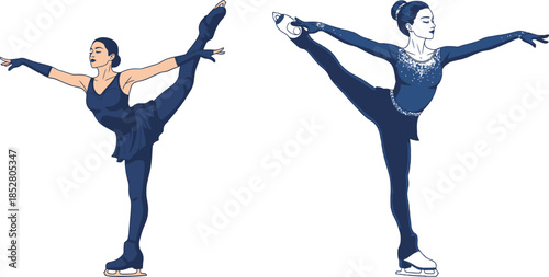 Two figure skaters performing a split jump with a leg extension