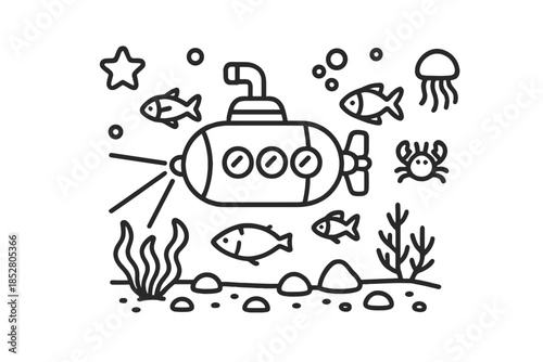 Cute cartoon submarine with ocean life