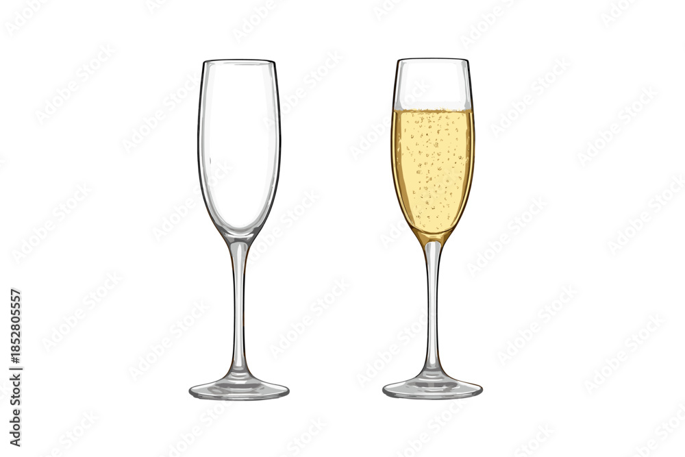Obraz premium Two Champagne Flutes, One Empty and One Filled with Bubbly Drink