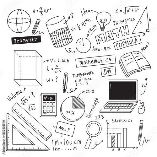 Mathematics Doodle Illustration Collection with Formulas, Geometry, and Charts
