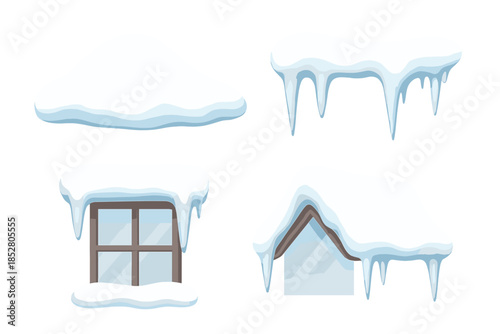 Winter house elements with snow and icicles