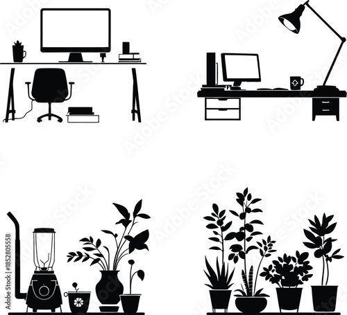 Minimal interior icon set with desk setups, computer, plants, kitchen counter, workspace and home decor silhouettes