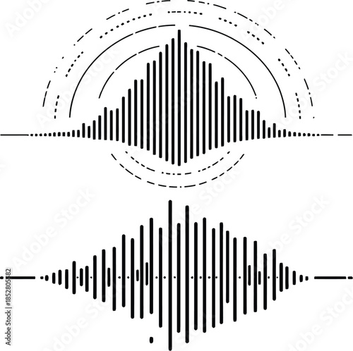Minimal sound wave icon set with symmetrical audio bars and frequency arcs in black and white vector style