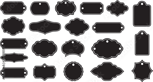 Black silhouette shapes of various label tags