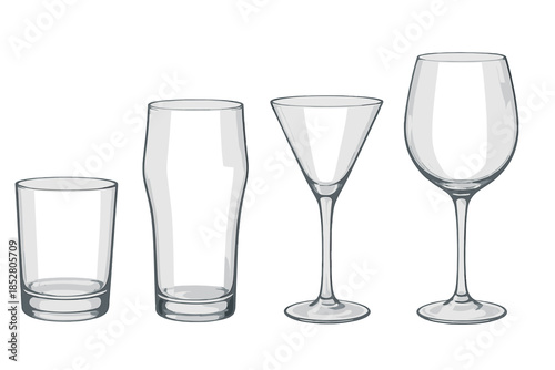 Four empty glasses on a gray background