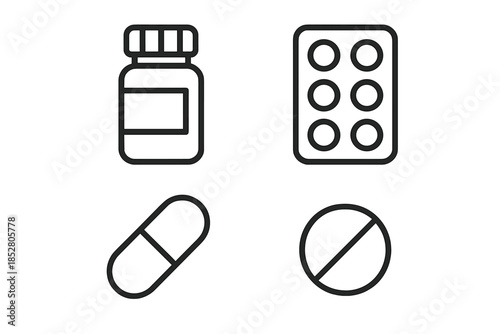 Set of four simplified icons representing medication and pharmaceuticals