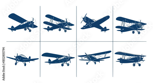 Collection of vintage biplane aircraft silhouettes on white background vector