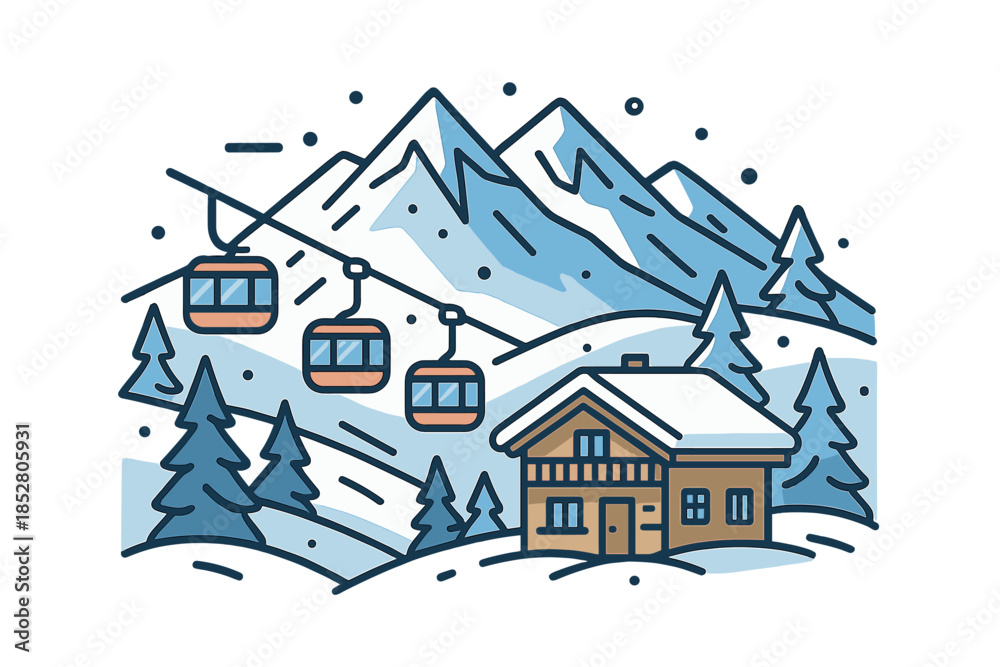 Naklejka premium Winter Mountain Ski Resort Scene