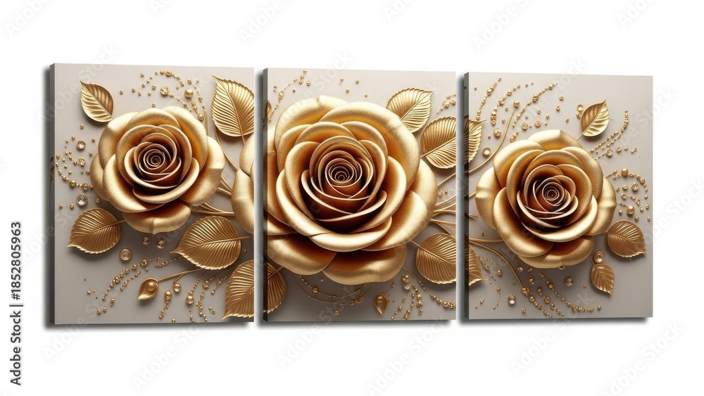 Fototapeta premium Golden roses in a triptych art piece with delicate leaf accents