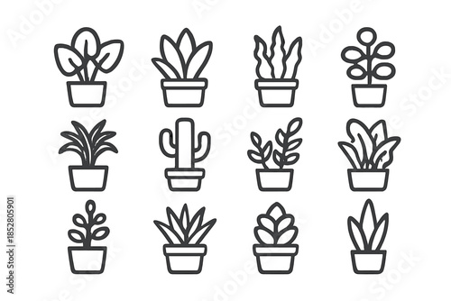 Set of 12 potted plant icons with glowing outlines