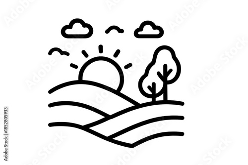 Sunrise over rolling hills with a tree and clouds