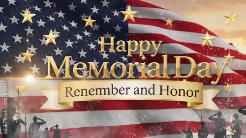 Happy memorial day message with waving american flag and soldiers