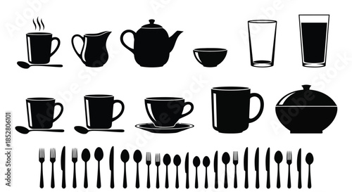 Black silhouettes of various dining utensils and tableware on white background vector