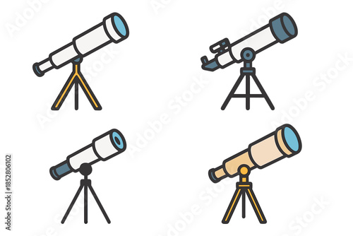Four Telescopes on Tripods Against a Dark Background