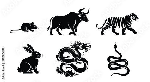 Black silhouettes of zodiac animals on white background vector
