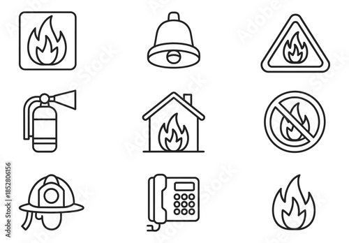 Fire safety linear icon set, including emergency, hazard, and warning signs, firefighter equipment, fire alarms, extinguishers, and flame symbols, perfect for vector illustrations