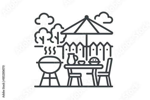 Outdoor barbecue scene with umbrella and table