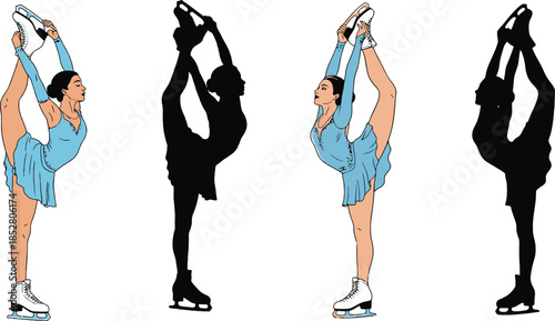 Figure skater in a sky blue dress performing a split jump on ice skates