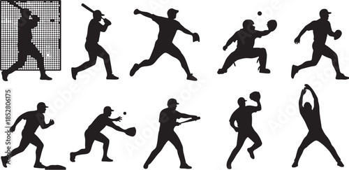 Baseball player action silhouette set