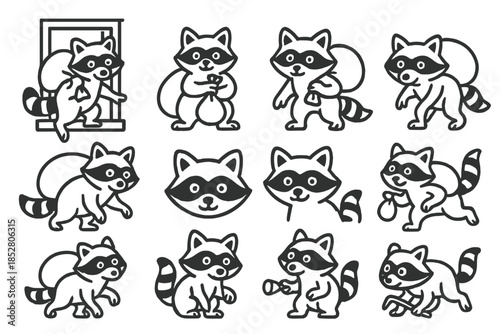 Cute Raccoon Icons with Bags