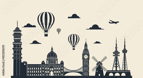 Vector illustration of famous landmarks and hot air balloons on beige background