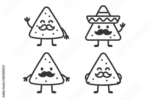Four cartoon nachos with mustaches and different expressions