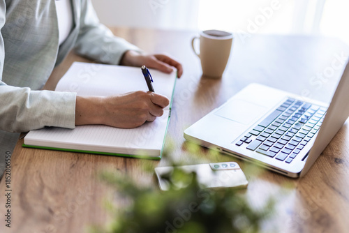 Remote work from home, thinking and woman with planning, writing and copywriting. Person, freelancer and journalist with pc, brainstorming and creativity with ideas, solution and decision for project