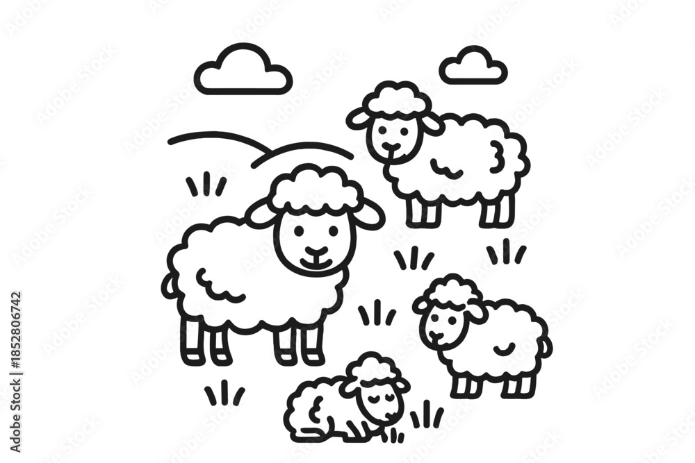 Fototapeta premium Cute sheep in a field with clouds