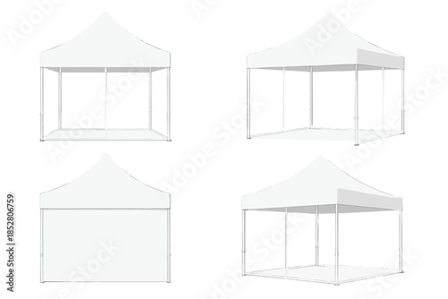 Four White Canopy Tents on Gray Background