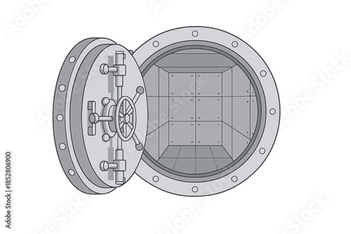 Open bank vault door with a circular opening
