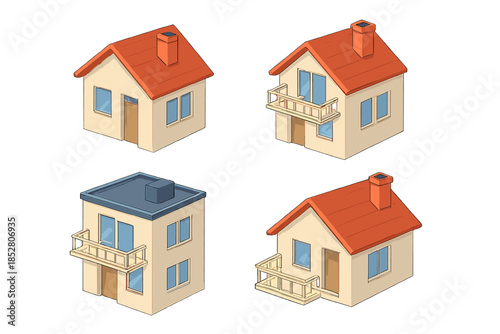 Four Isometric Houses with Red Roofs and Balconies