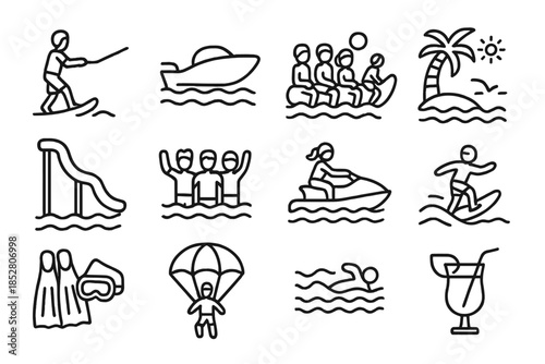 Set of 12 outline icons representing summer water activities and vacation.