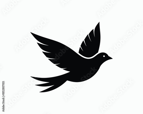 Silhouette of a dove flying with wings spread on white background Keywords: dove, bird, flying, wings, spread, freedom, peace, hope, symbol
