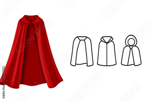 Red superhero cape next to simple line drawings of cloaks