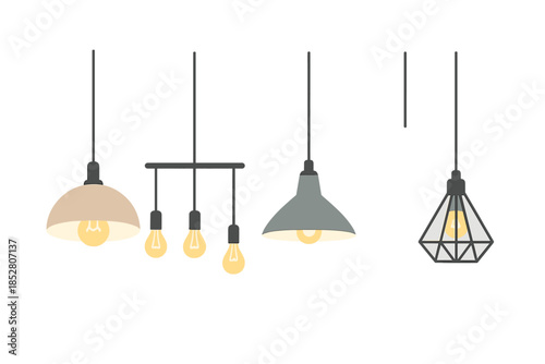 Collection of five different pendant lights in a row