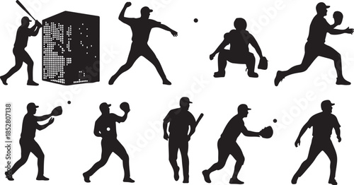 Baseball player action silhouette set