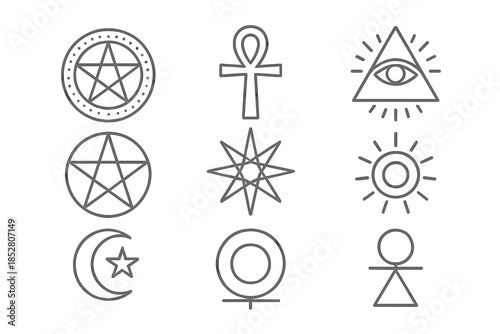 Mystical Symbols Collage Glowing in White Outline on Dark Gradient Background