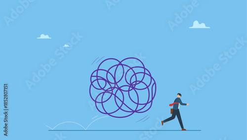Fear businessman running away from trouble circle. Run away from trouble, avoid from working stress, conflict with people or escape from financial problem or economic crisis.
