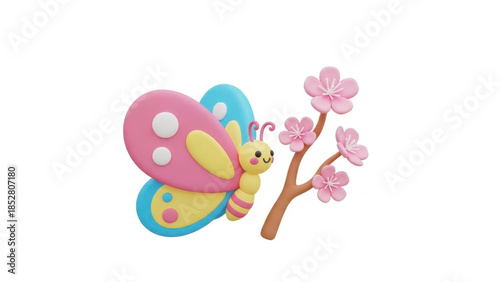 A colorful butterfly with pink flowers on a branch